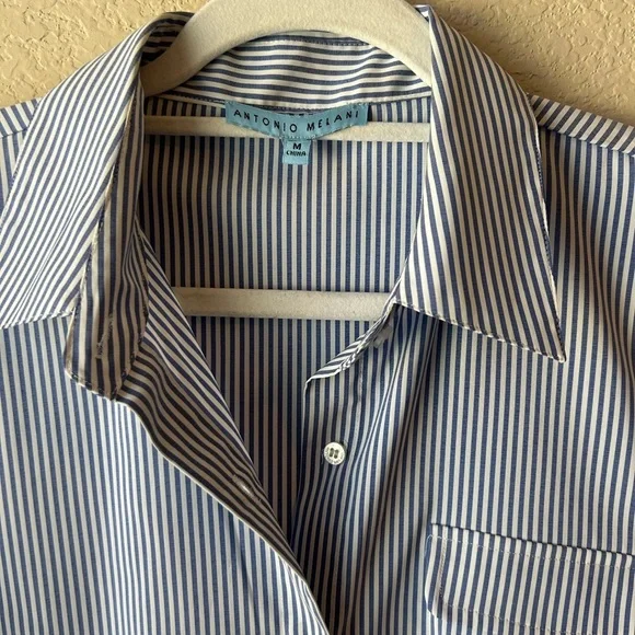 ANTONIO MELANI Blue and White Striped Button-Up Blouse - Picture 4 of 5